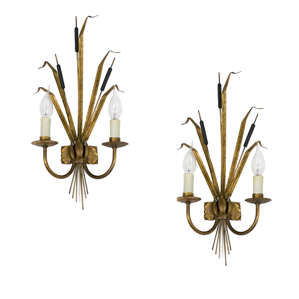 Set of Tree Rush Ferrocolor Reed Wall Sconce in Gilt Iron - French antique wall lights & sconces 4