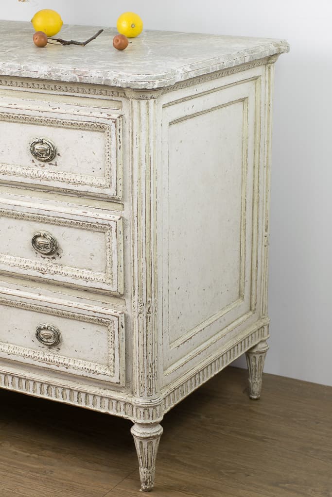18th Century Louis XVI Style Painted Oak Commode with Faux Marble Top - French antique chest of drawers 4