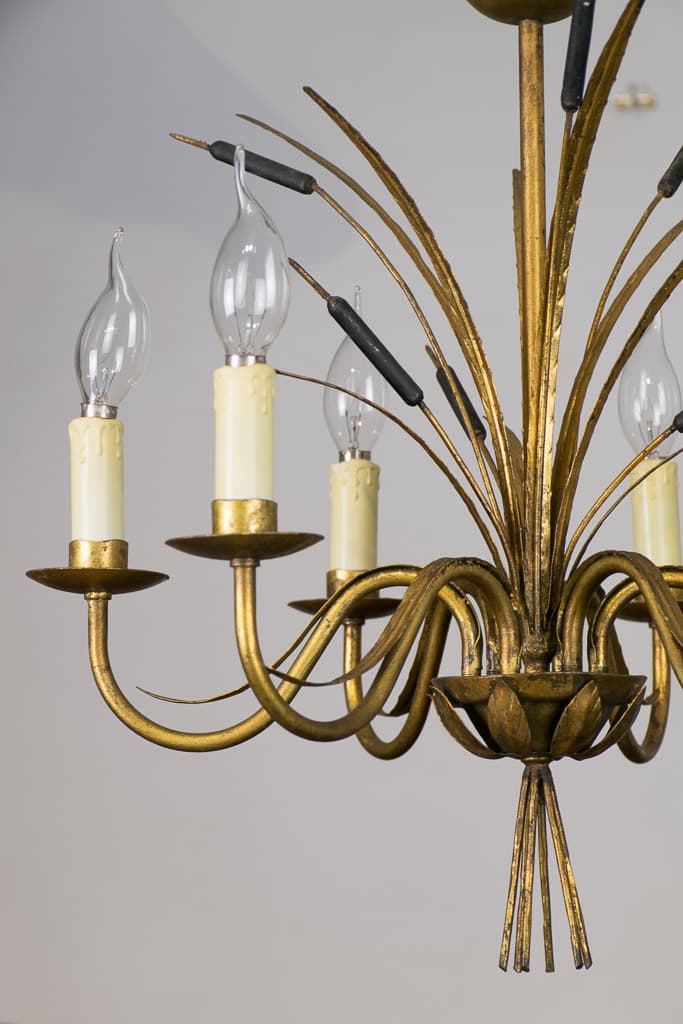 French Ferrocolor Reed Chandelier in Gilt Iron, Circa 1960s - French antique chandeliers & pendants 2