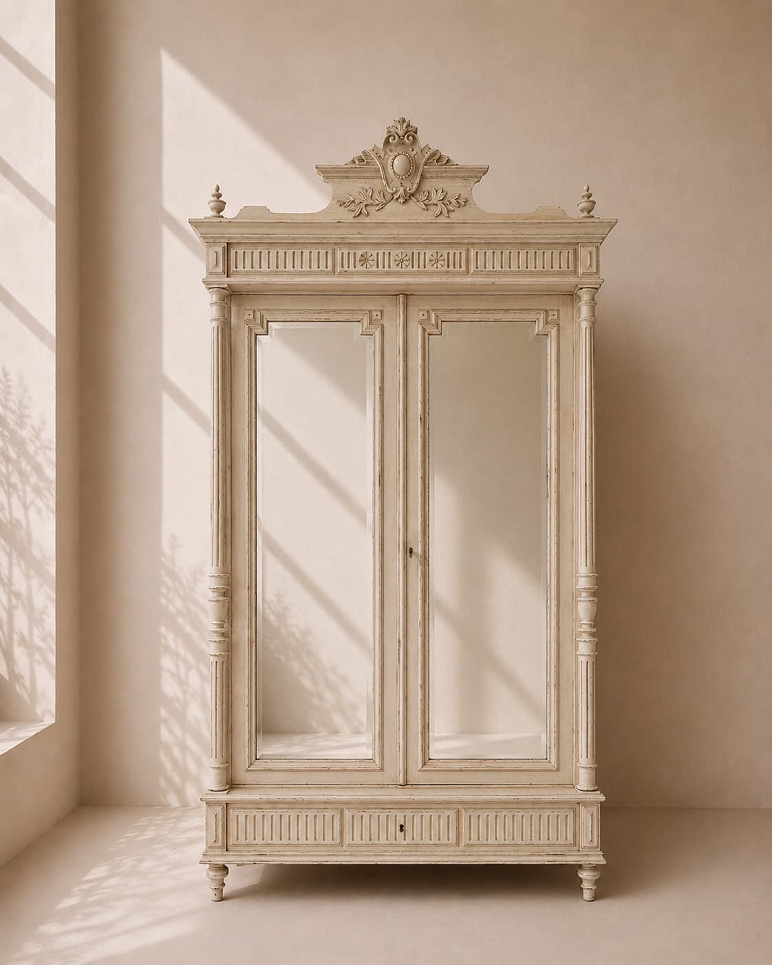 Large French Louis XVI Revival Mirrored Armoire with Distressed Painted Finish - French antique bookcases & armoires 5