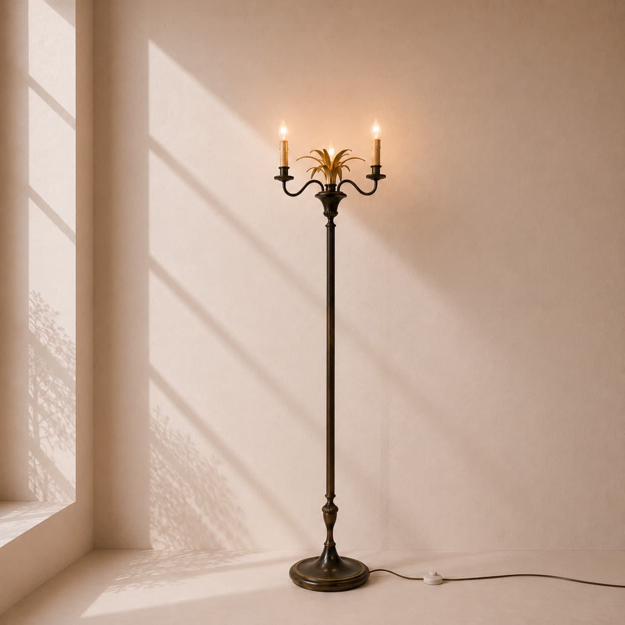 Antique French Three-Light Floor Lamp with Gilt Palm Motif - French antique floor lamps 2